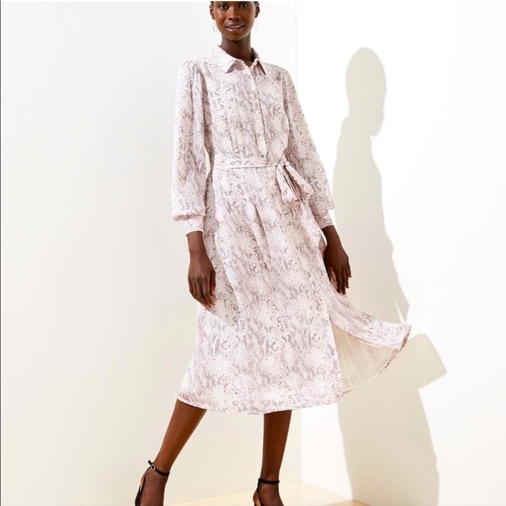 Ann Taylor LOFT Button Front Tie Waist Pleated Shirtdress in Snake Print